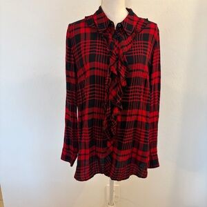 EUC Cabi Lodge Red Black Plaid Ruffle Button Down Top Style 3335 Size L